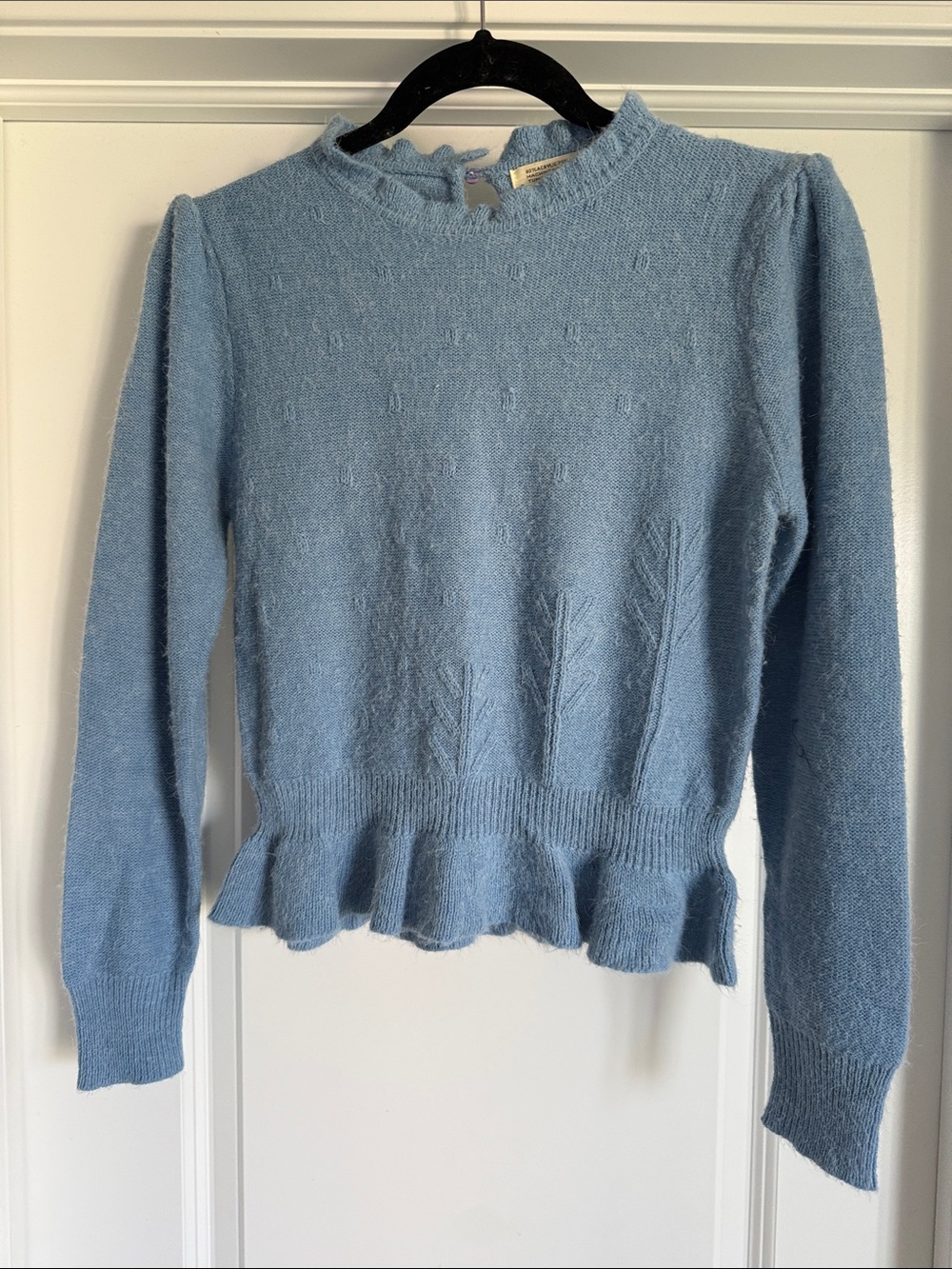 Vintage Light Blue Women's Knit Ruffle-Hem Sweater